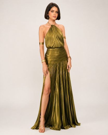 Virelle Metallic Maxi Dress – Olive Gold