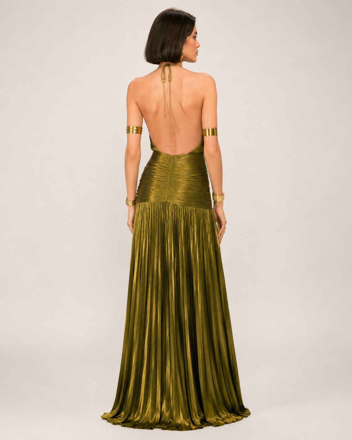 Virelle Metallic Maxi Dress – Olive Gold