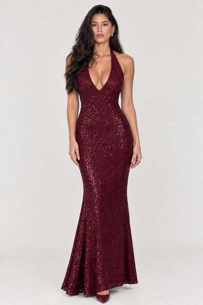 Burgundy Sequin Halter Maxi Dress
