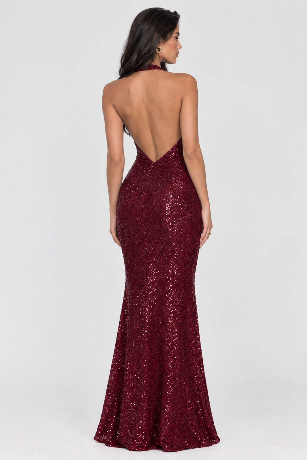Burgundy Sequin Halter Maxi Dress