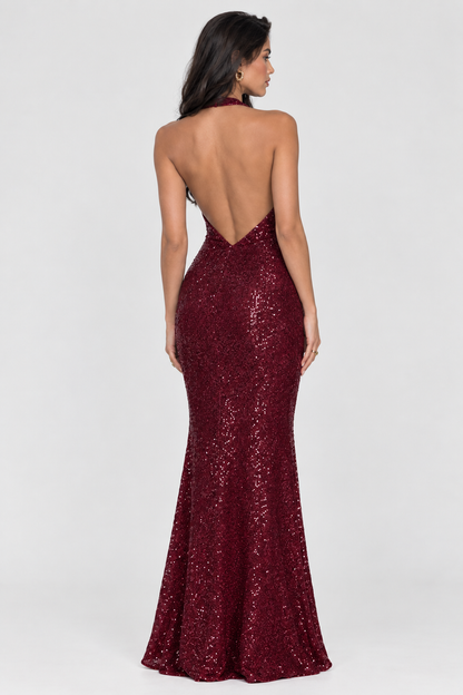 Burgundy Sequin Halter Maxi Dress