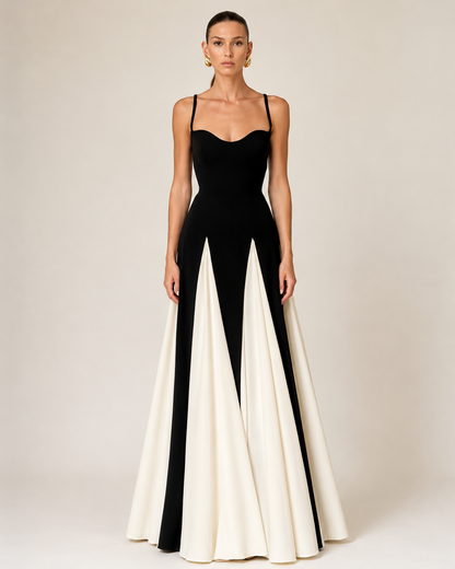 Sorelle Contrast Panel Maxi Dress – Black & Ivory