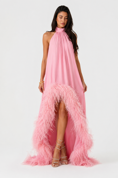 Sorelle Feather Halter Maxi Dress — Blush Pink
