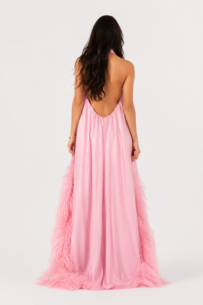 Sorelle Feather Halter Maxi Dress — Blush Pink