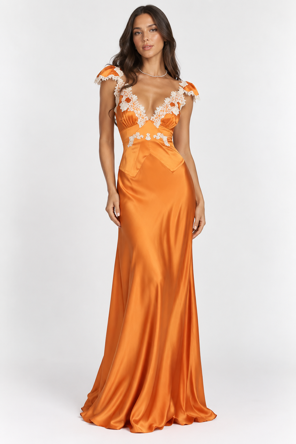 Solène – Lace Trim Satin Maxi Dress