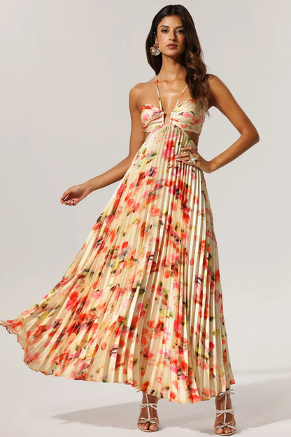 Dana Sleeveless Halter Floral Pleated Maxi Dress