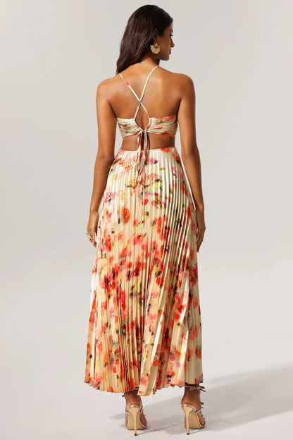 Dana Sleeveless Halter Floral Pleated Maxi Dress